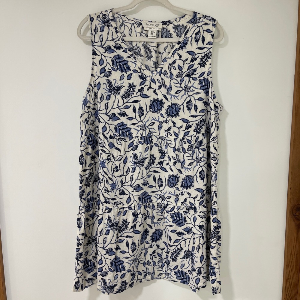 Rachel‎ Zoe Floral Tiered Linen Mini Dress Womens XL Blue White | Coastal Boho